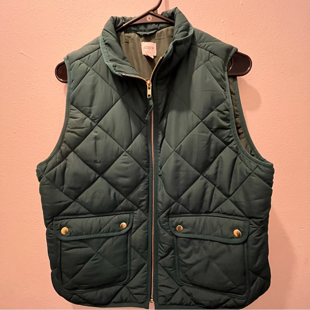 J. Crew Forest Green Quilted Vest with Gold Accents